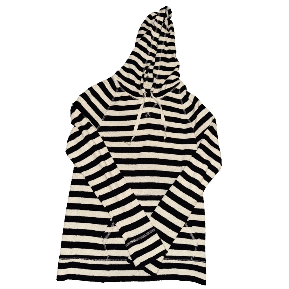J.Crew Womens Black Ivory Striped Knit Hoodie Pullover Kangaroo Pocket Small